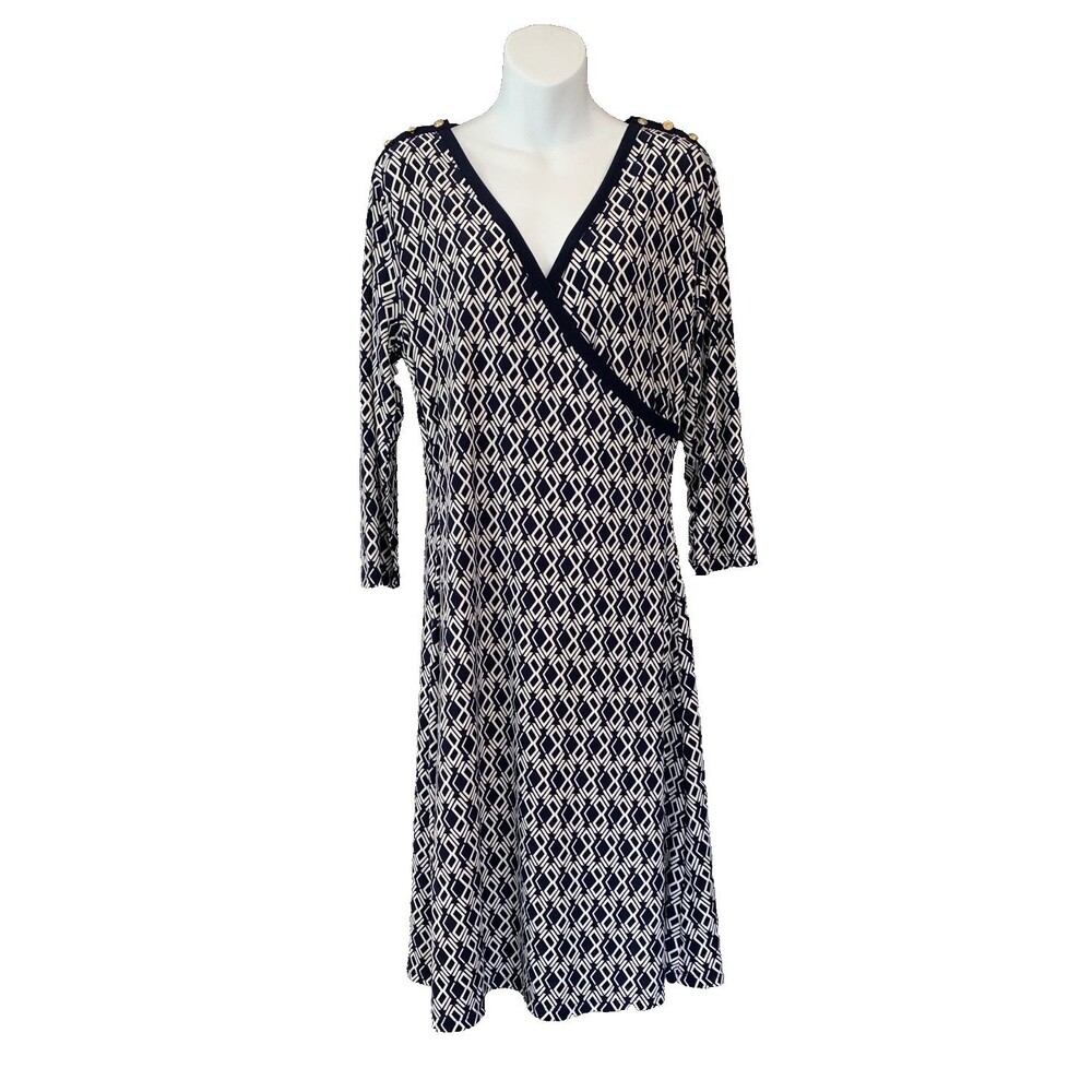 Lauren Ralph Lauren Faux Wrap Travel Knit Dress Large Blue Geometric Gold Button